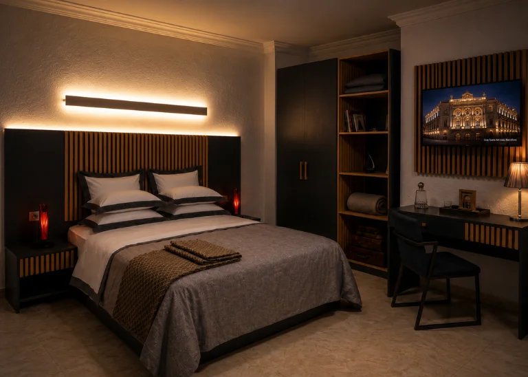Chambre Signature Boisée avec éclairage LED et ambiance nuit pour hôtel moderne en Algérie
