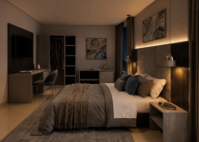 Chambre d'hôtel moderne Suite Éclat Minéral ambiance nuit mobilier hôtelier fabriqué en Algérie