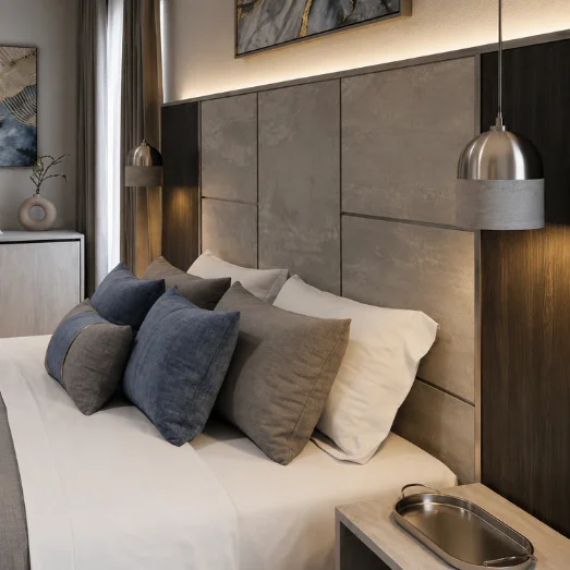 Zoom sur la tête de lit design avec coussins et chevet chambre d'hôtel moderne