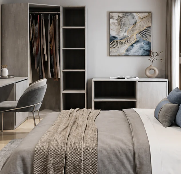 Armoire ouverte et meuble de rangement chambre d'hôtel moderne