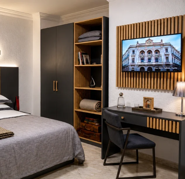 Coin bureau avec panneau TV mural dans une chambre d'hôtel moderne Meubles Dzign